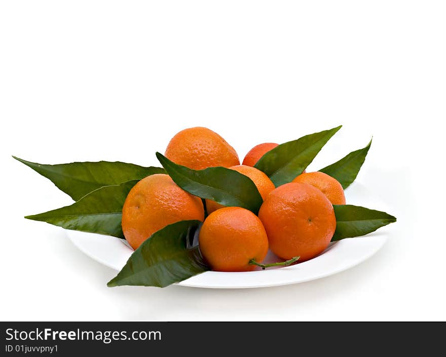 Tangerines with leaves isolated on a white background