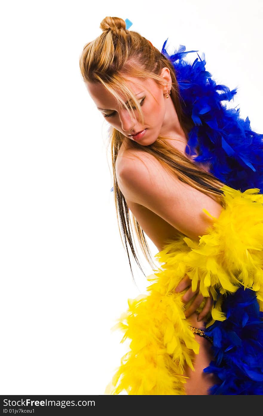 Young woman with blue and yellow feathers scarfs. Young woman with blue and yellow feathers scarfs