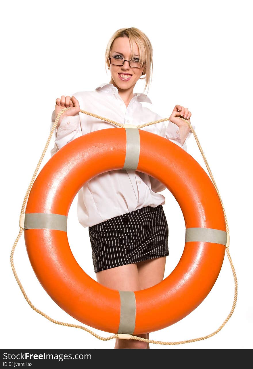 Young beautiful businesswoman with red life buoy