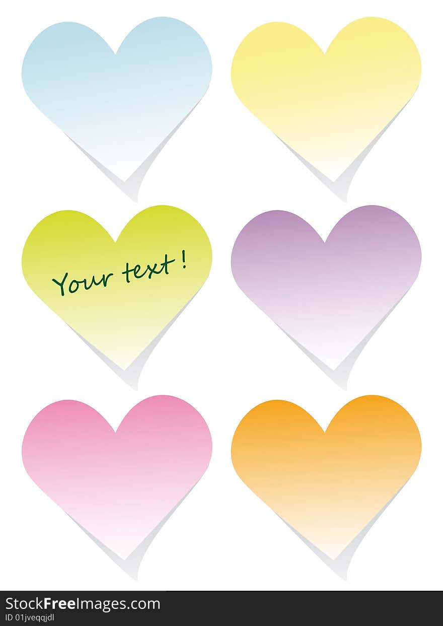 Isolated colorful heart post-it set on white background.