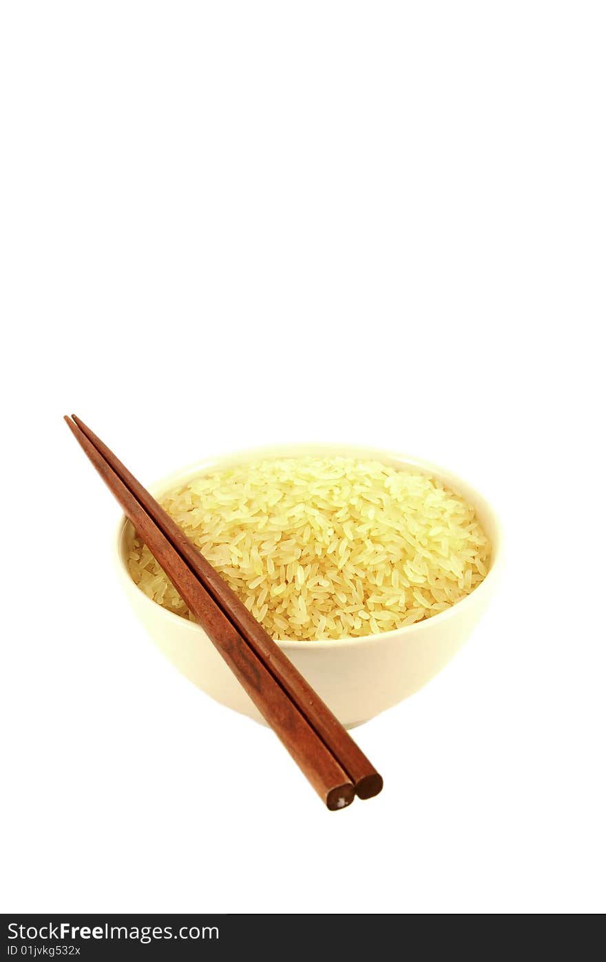 Rice in bowl with chopsticks on white background