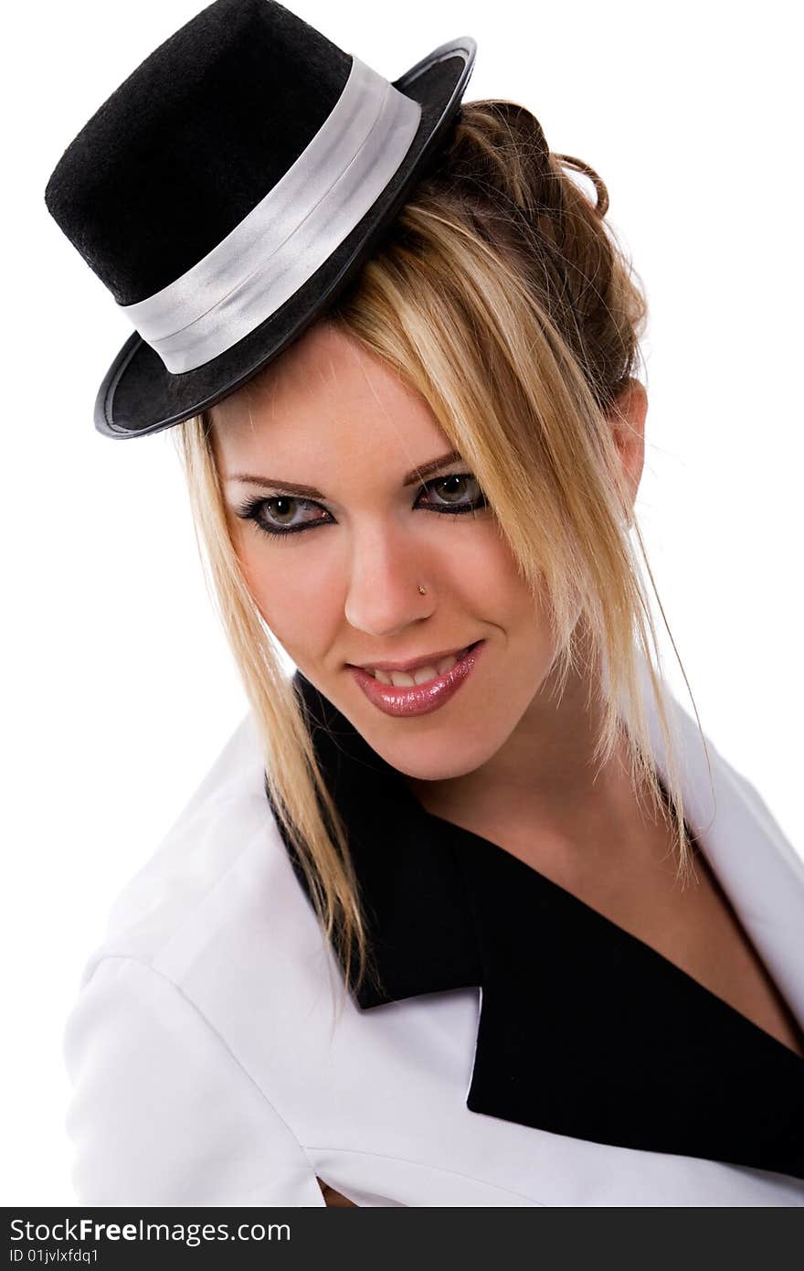 Hot woman with small top hat, isolated. Hot woman with small top hat, isolated