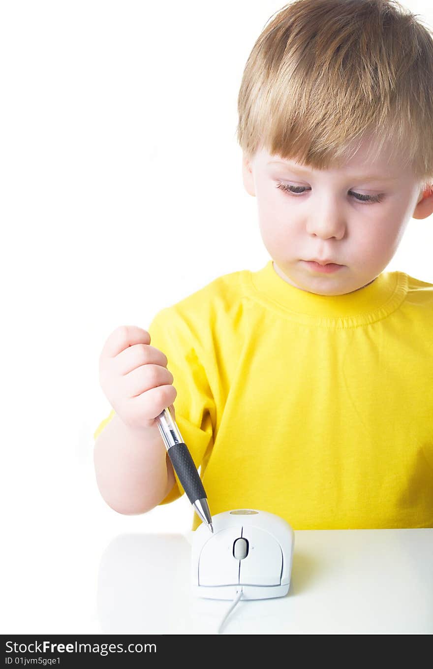 Little boy using a mouse on white background. Little boy using a mouse on white background