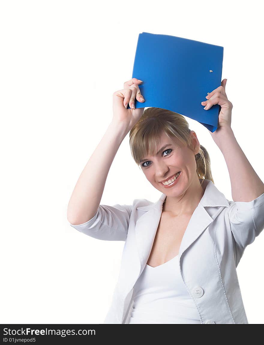 The girl in a white jacket with folders in hands. The girl in a white jacket with folders in hands