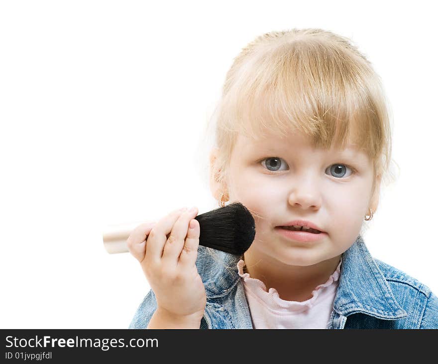 Cute little blonde girl playing with mom's cosmetic. Cute little blonde girl playing with mom's cosmetic