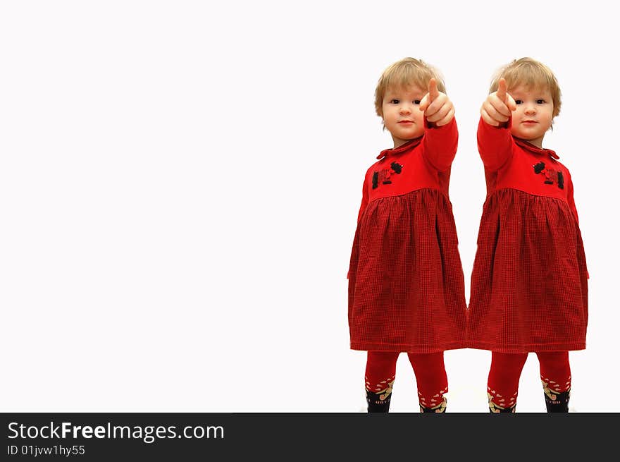 Two girls with the extended finger forward on a white background