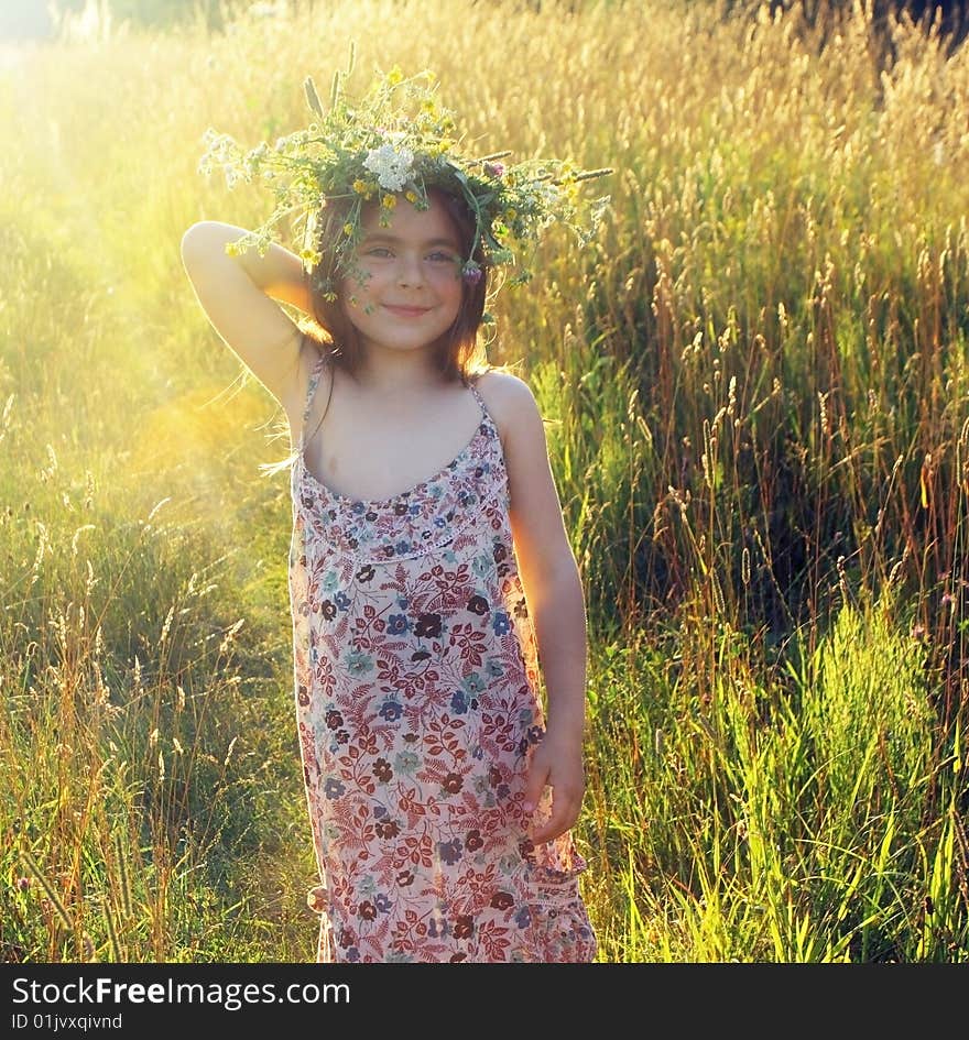 Portrait of the little pretty girl at the meadow. Portrait of the little pretty girl at the meadow