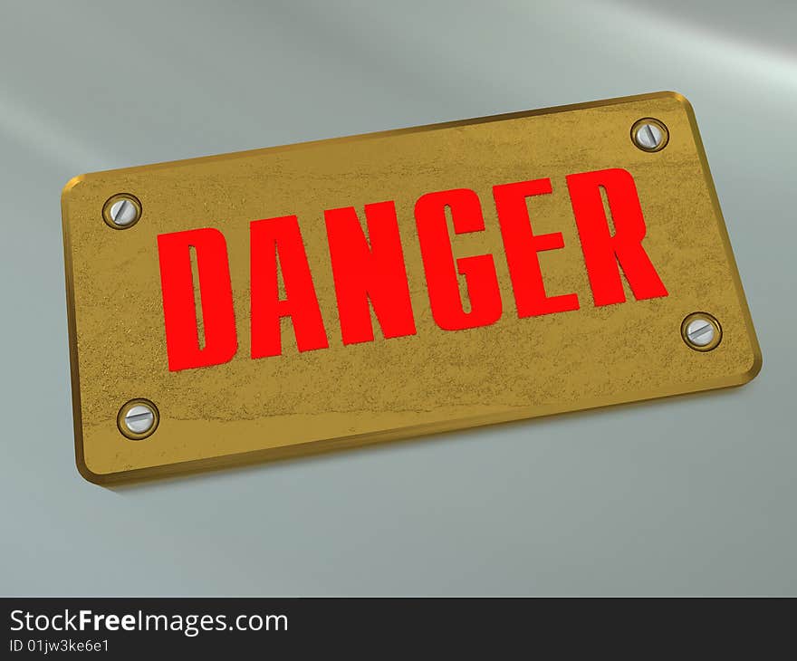 3d illustration of old steel plate with danger sign