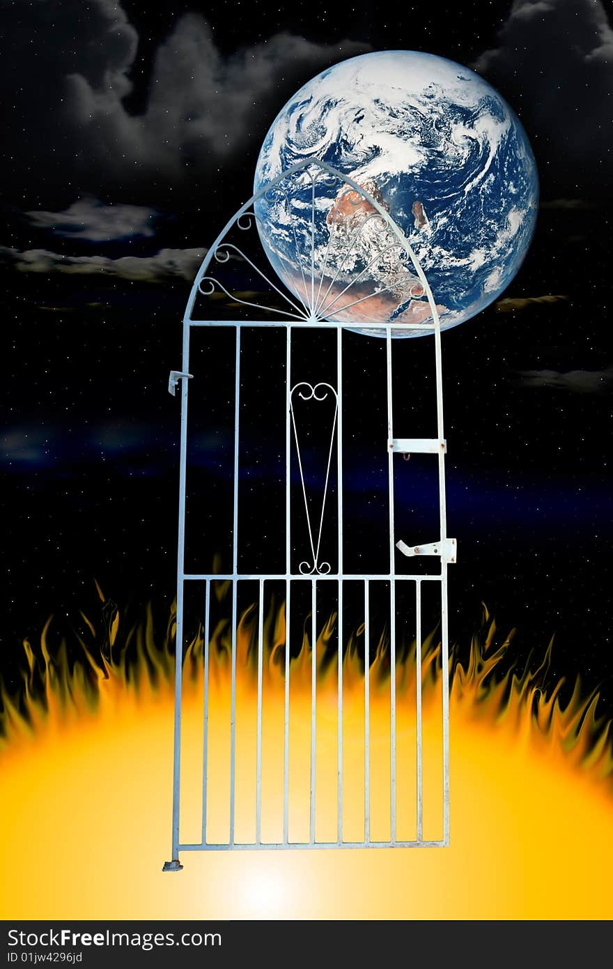 A white wrought iron gate against a galaxy background (with clipping path) depicting to hell and back