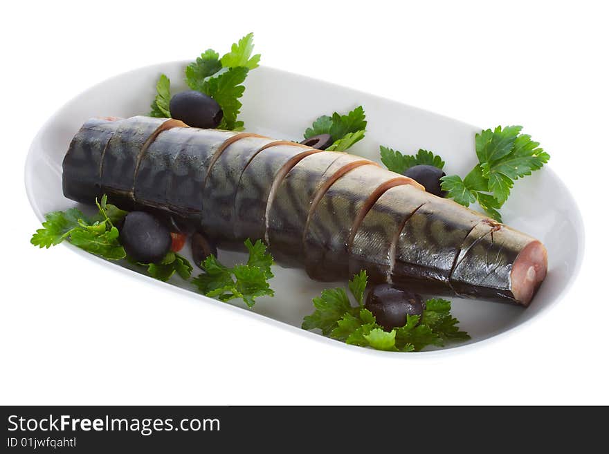 Close-up mackerel with olives on plate, isolated