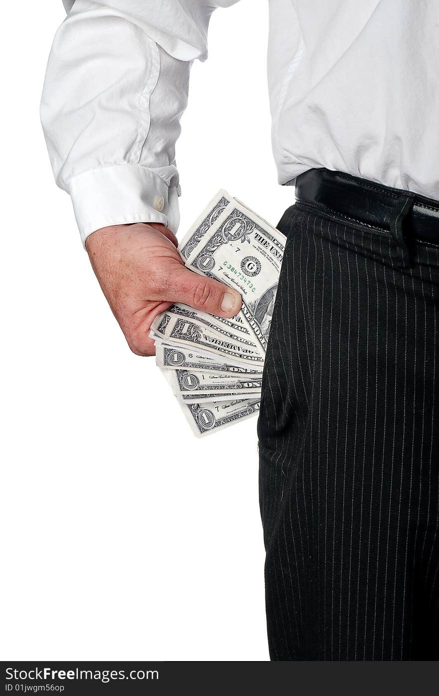 A vertical view of a business exective in pin striped pants with a pocket full of American cash1. A vertical view of a business exective in pin striped pants with a pocket full of American cash1