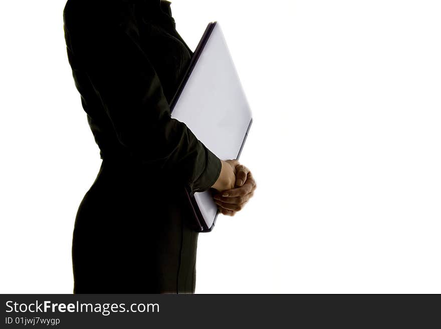 Business woman with laptop on white background. Business woman with laptop on white background