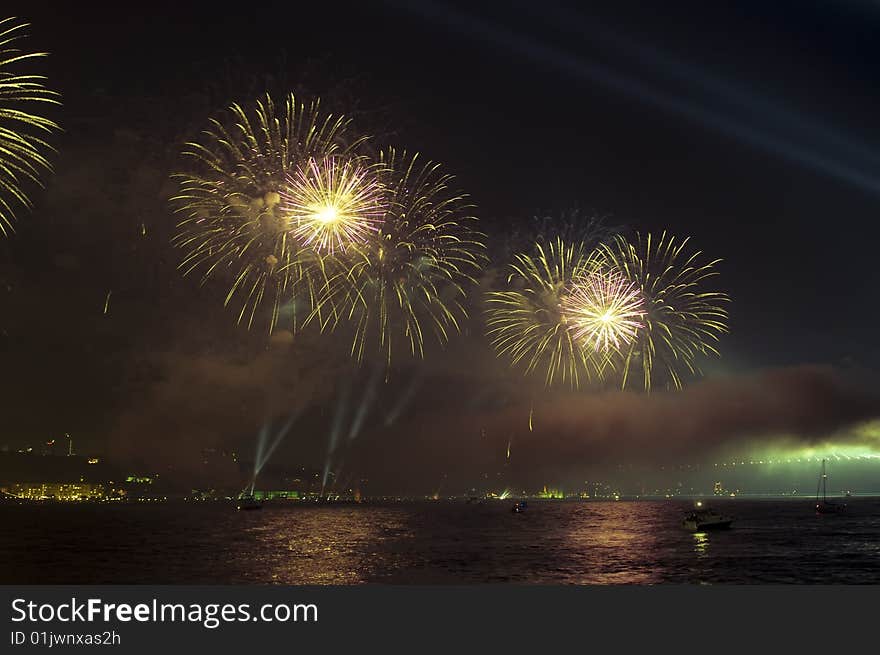 Firework And Light Show In Istanbul Bridge