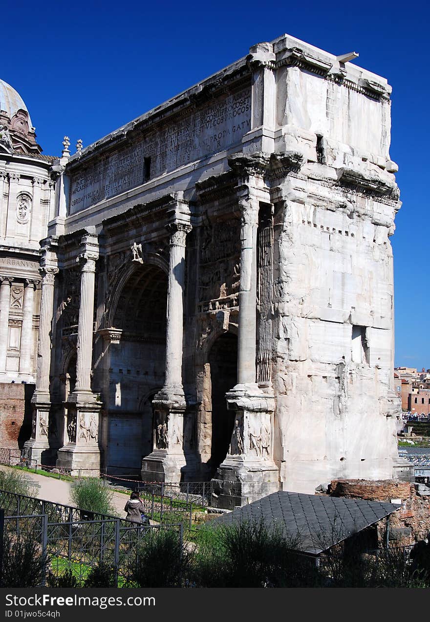 The white marble Arch of Septimius Severus at the northeast end of the Roman Forum is a triumphal arch dedicated in AD 203 to commemorate the Parthian victories of Emperor Septimius Severus and his two sons, Caracalla and Geta, in the two campaigns against the Parthians of 194/195 and 197-199. The white marble Arch of Septimius Severus at the northeast end of the Roman Forum is a triumphal arch dedicated in AD 203 to commemorate the Parthian victories of Emperor Septimius Severus and his two sons, Caracalla and Geta, in the two campaigns against the Parthians of 194/195 and 197-199.