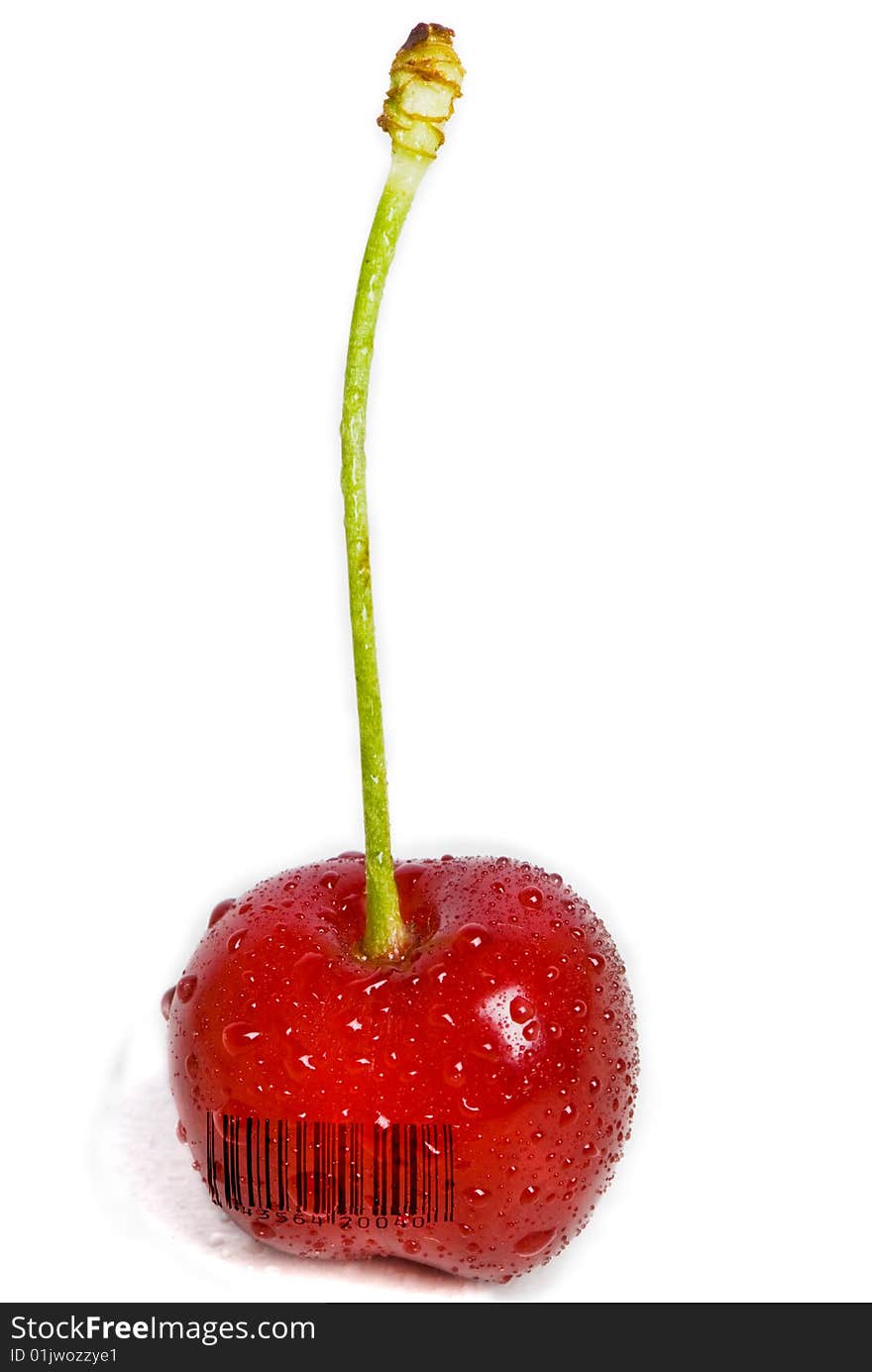 A single red cherry still on its stem covered with water droplets. A generic (not real) barcode printed on the cherry. A single red cherry still on its stem covered with water droplets. A generic (not real) barcode printed on the cherry.