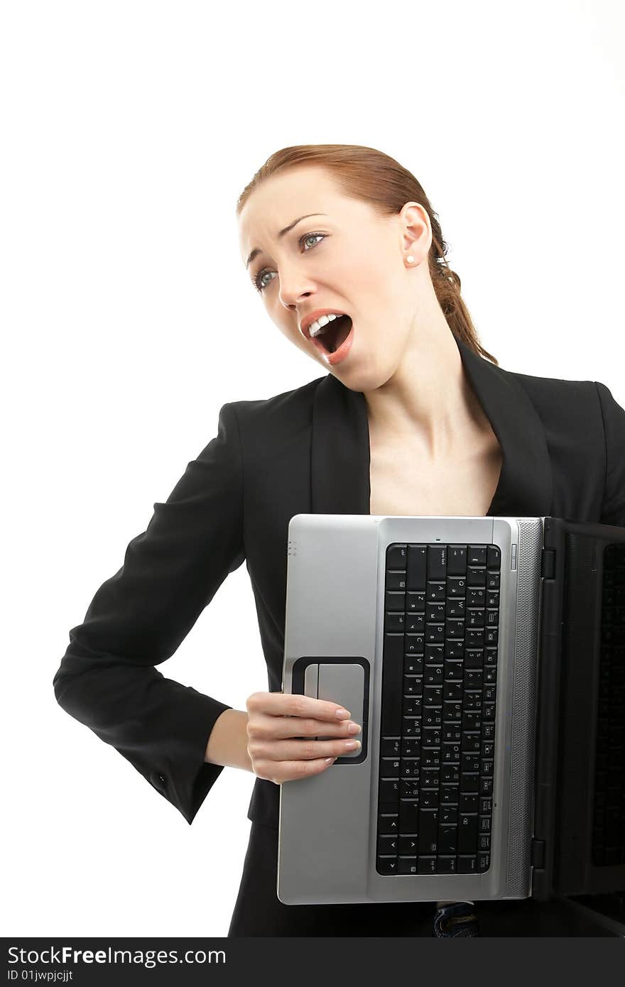 A young woman singing and holding a keyboard. A young woman singing and holding a keyboard