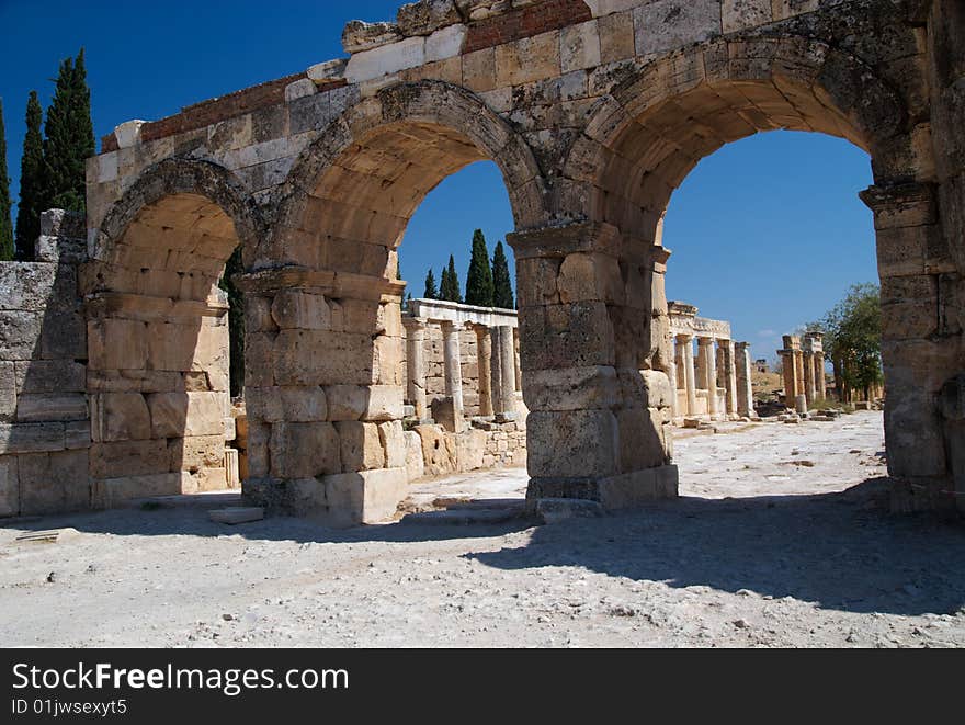 Northern Roman gate at  the edge of Hierapolis, an ancient Roman city built near the famous Pamukkale hot springs.