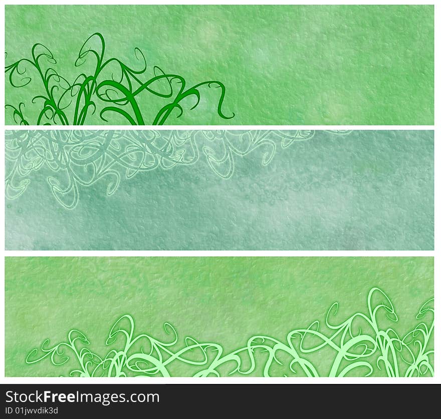 Banners or headers with some grassy swirl and green soft parchment background, grungy style. Banners or headers with some grassy swirl and green soft parchment background, grungy style.