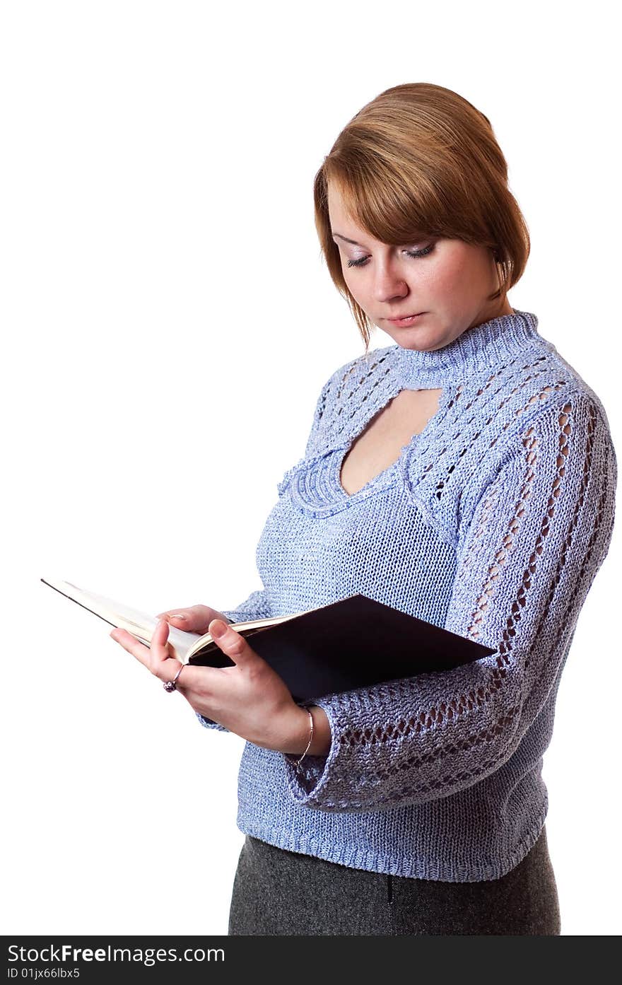 Woman reading book on white