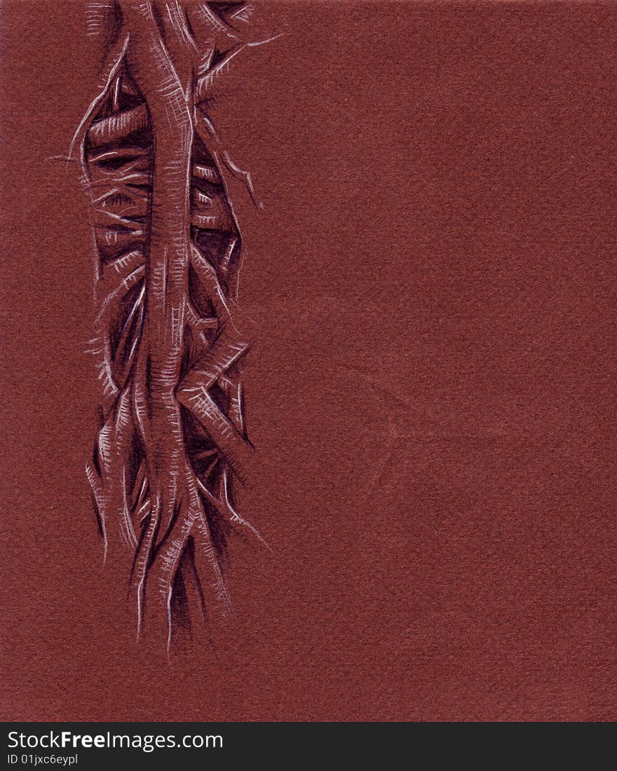 Black and white pencil sketch of a tree on a brown paper. Black and white pencil sketch of a tree on a brown paper