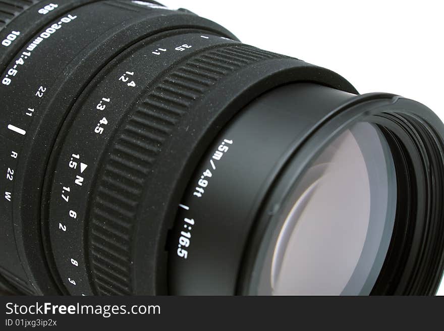 Closeup of camera lens isolated on white background