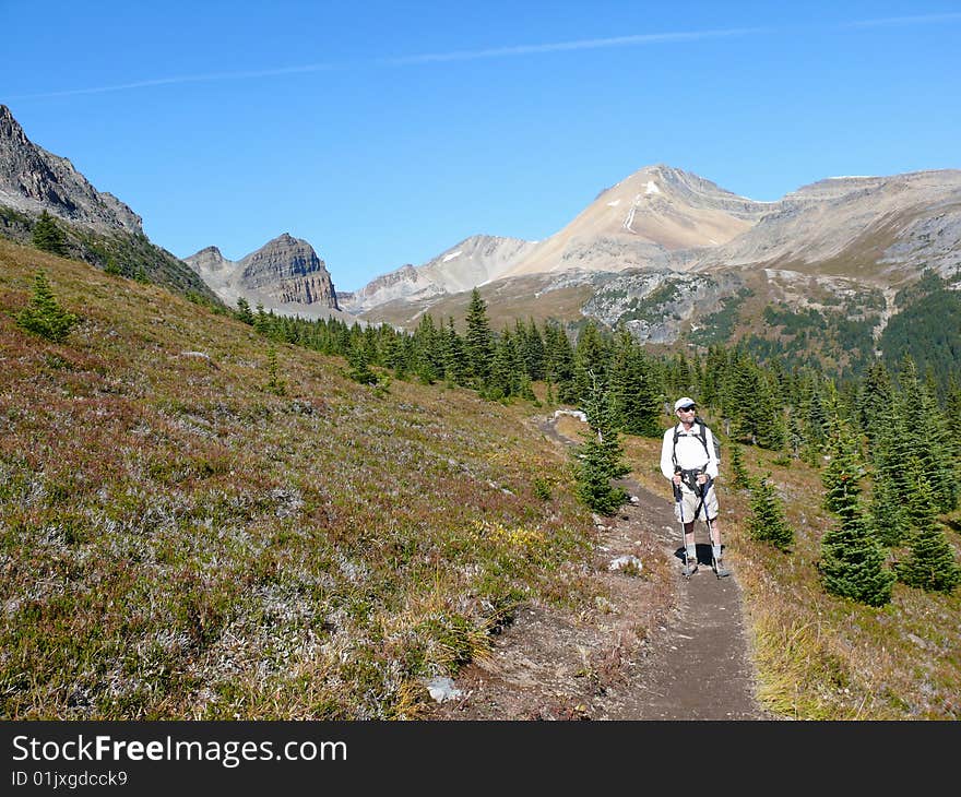 Hiker in the Canadian Rockies on the way to Helen Lake. Hiker in the Canadian Rockies on the way to Helen Lake