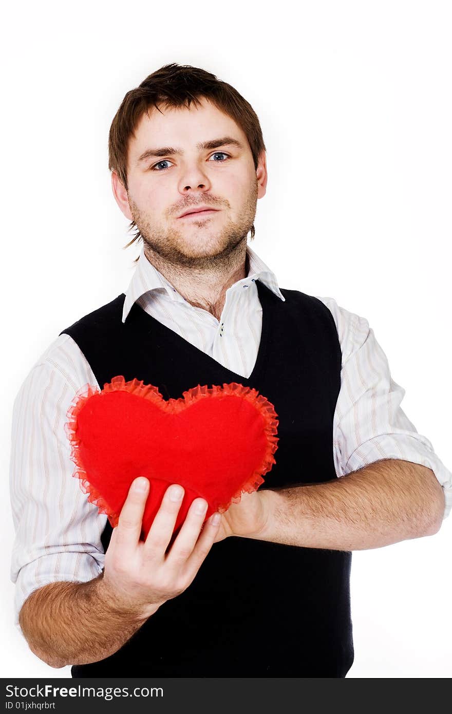 An image of a young man with red heart. An image of a young man with red heart