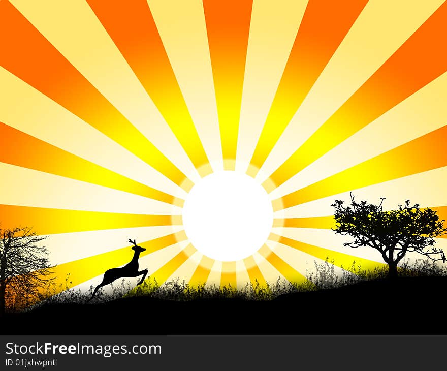 Silhouette of grass and trees, and also animal on a background a ial sun