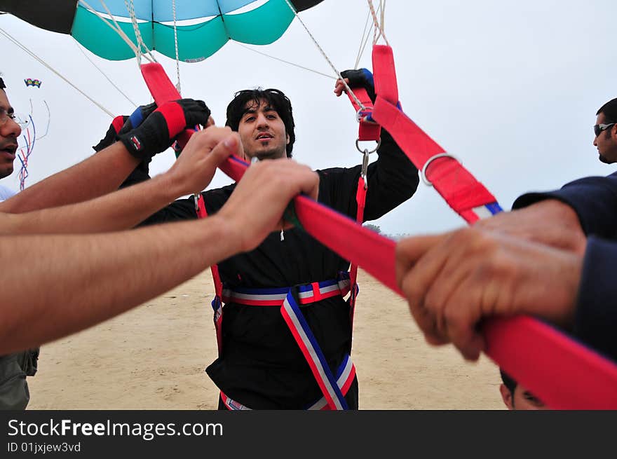 Buhamad Kites Team fly with parasail Kuwait beach in winter 2009. Buhamad Kites Team fly with parasail Kuwait beach in winter 2009