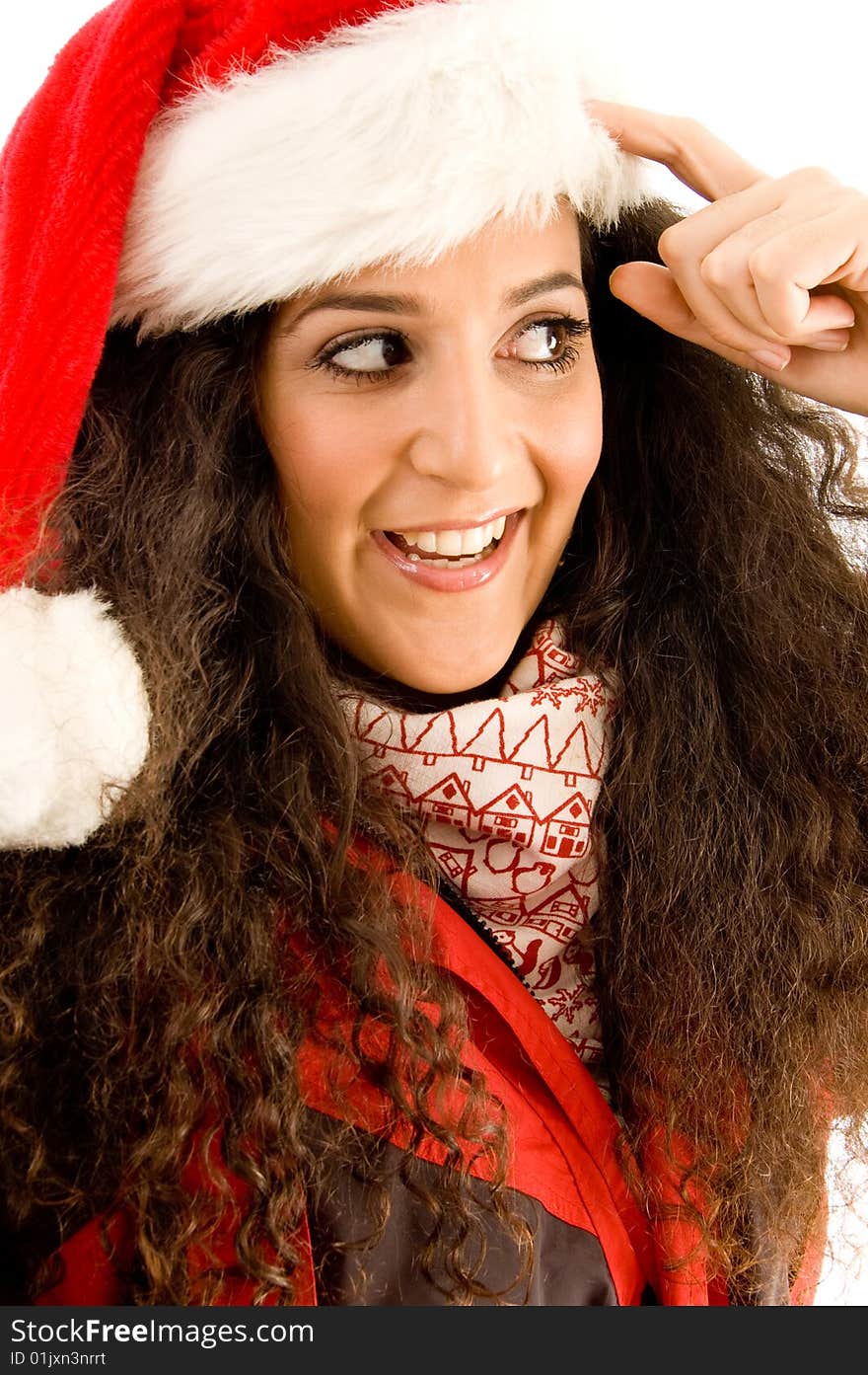 Latin american model wearing christmas hat looking sideways with white background