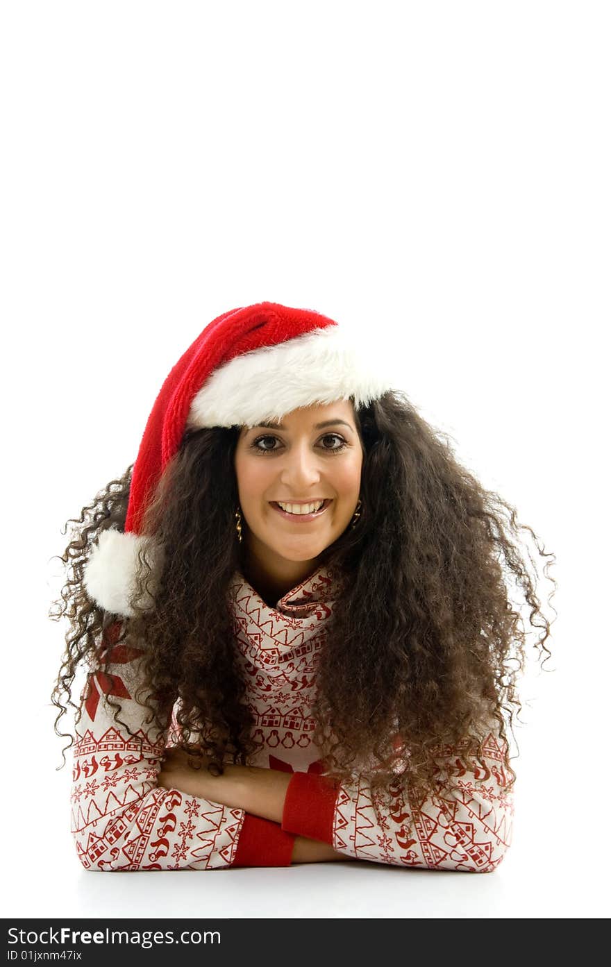 Hispanic female with christmas hat and lying on the floor against white background