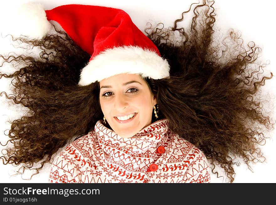 Female with christmas hat and lying