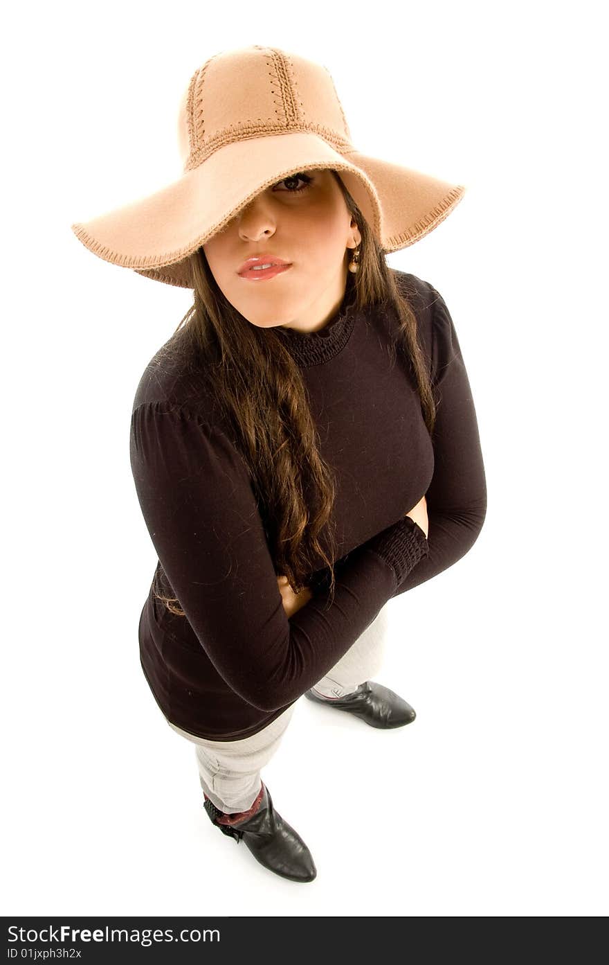 High angle view of Hispanic female against white background