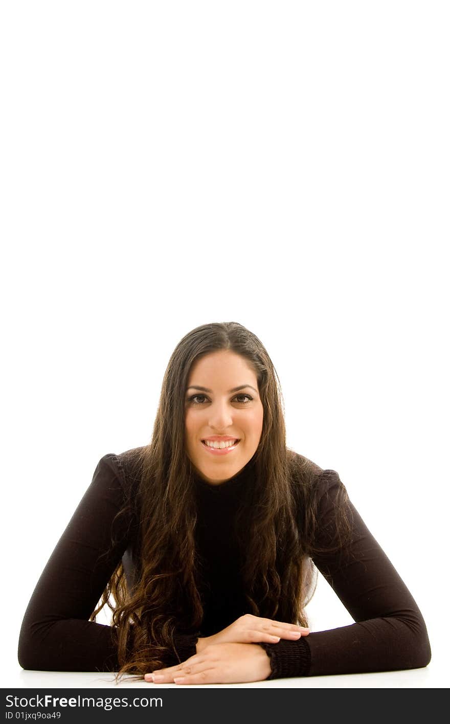 Fashionable woman laying on floor on an isolated background