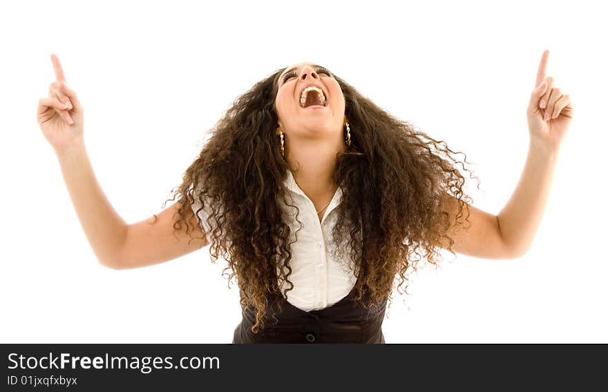 Fashionable woman showing happiness with white background