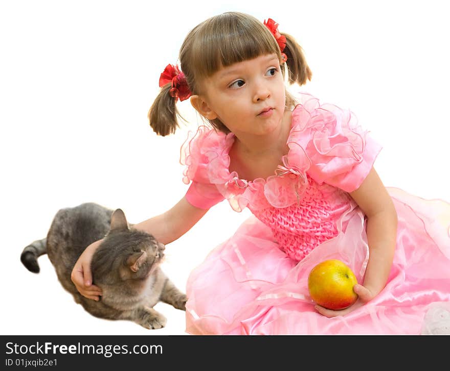 Young girl in pink dress with red apple and gray cat. Young girl in pink dress with red apple and gray cat