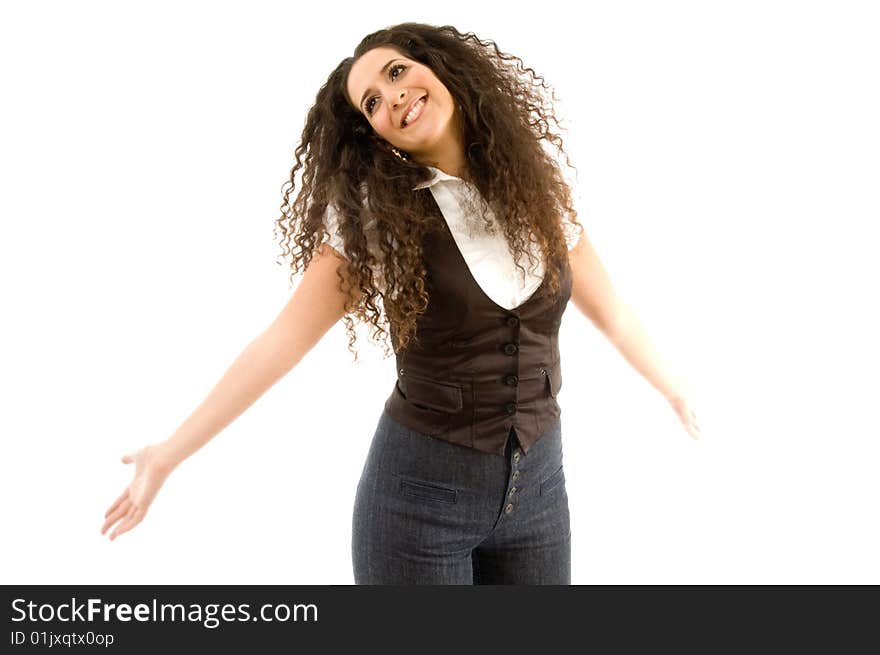 Fashionable woman showing happiness with white background