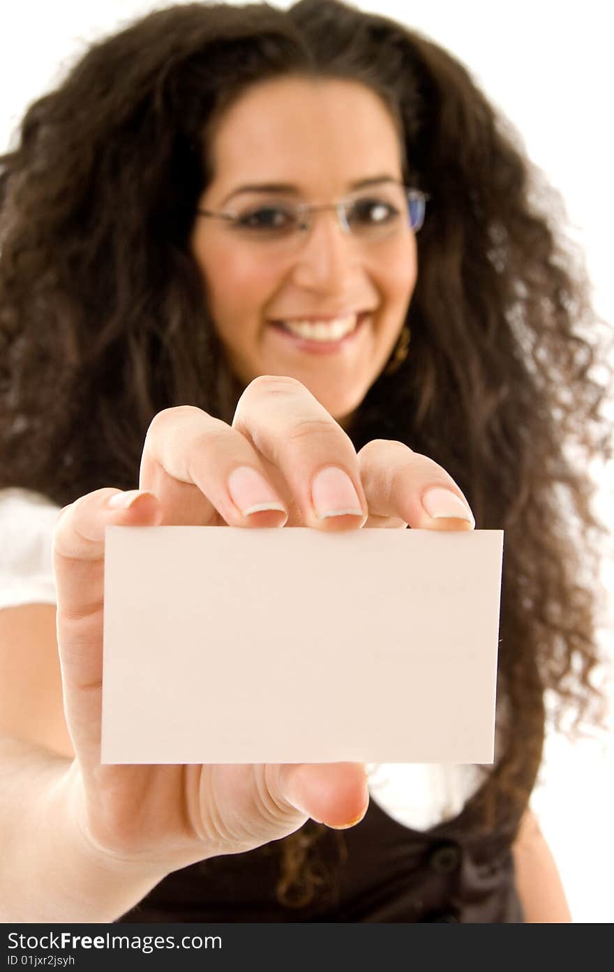 Fashionable businesswoman showing business card on an isolated background