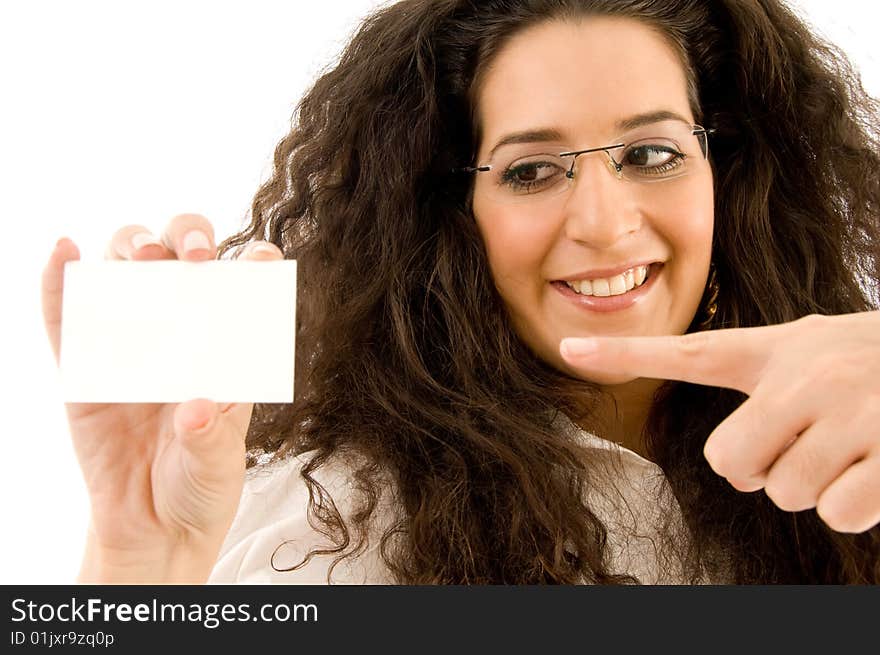 Professional woman pointing at business card on an isolated white background