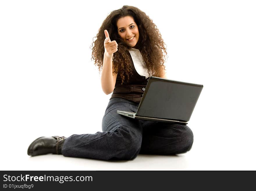 Female Busy With Laptop And Showing Thumbs Up