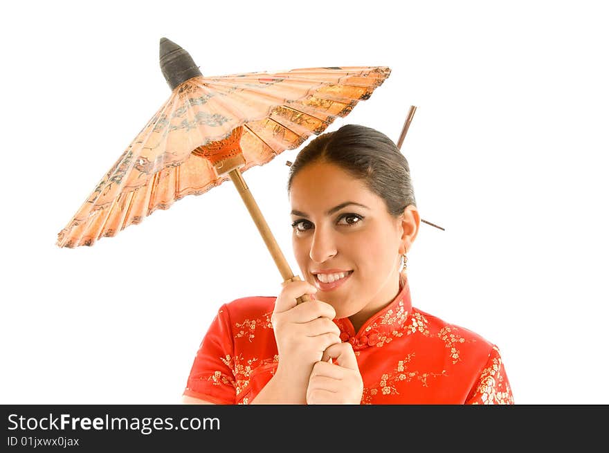 Young woman holding umbrella on an isolated white background