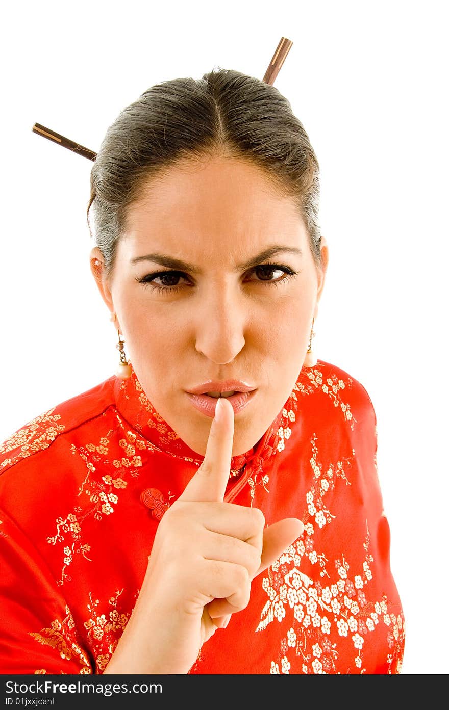 Young Female Wearing Kimono Shushing