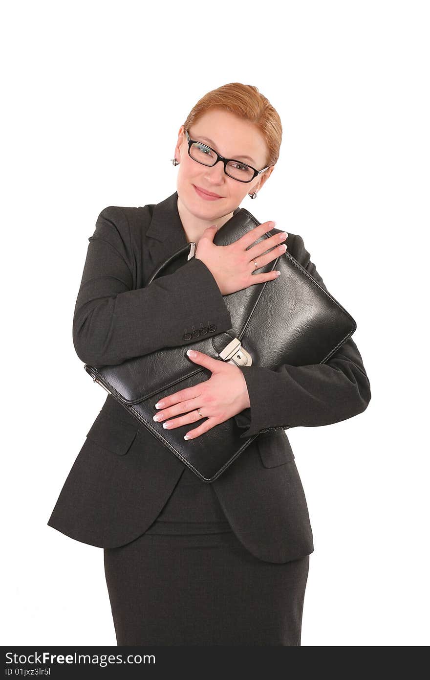 Positive woman with briefcase in glasses