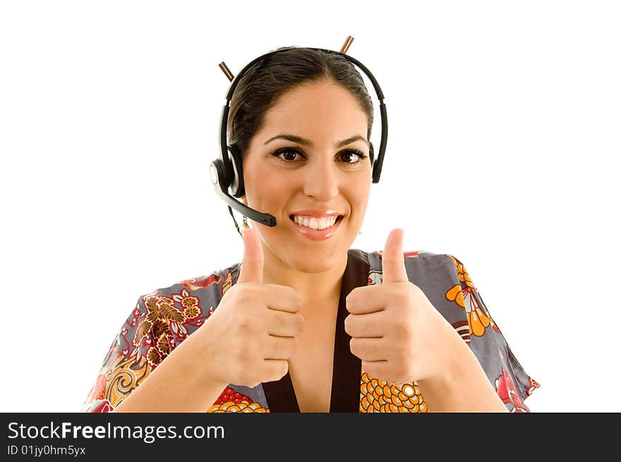 Young woman with thumbs up on an isolated white background