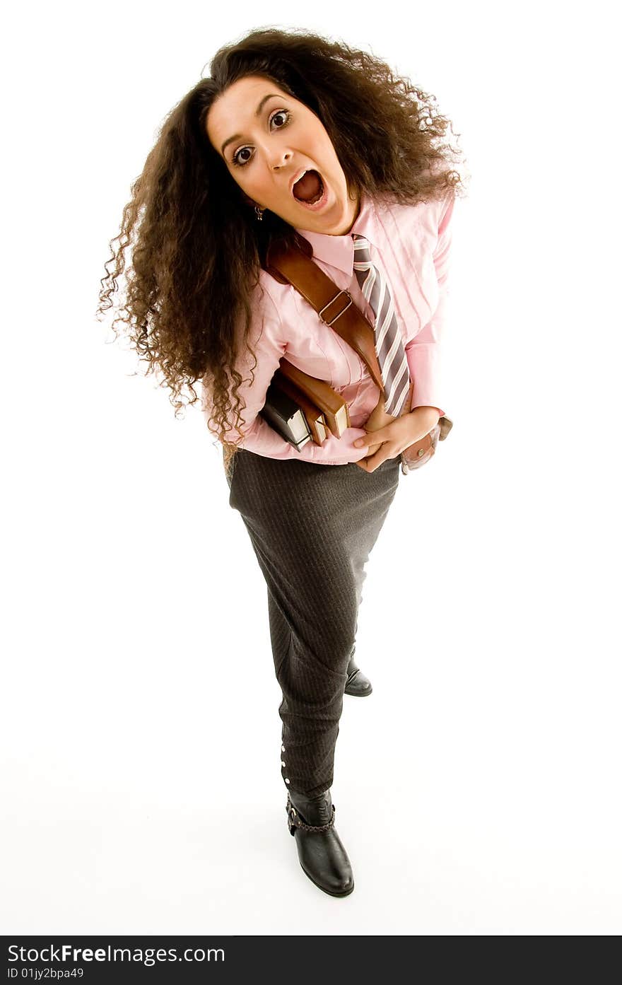 High angle view of pretty student with white background