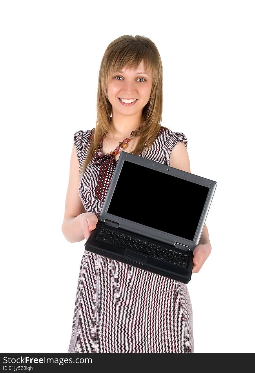 Cute woman hold laptop. Isolated on white background