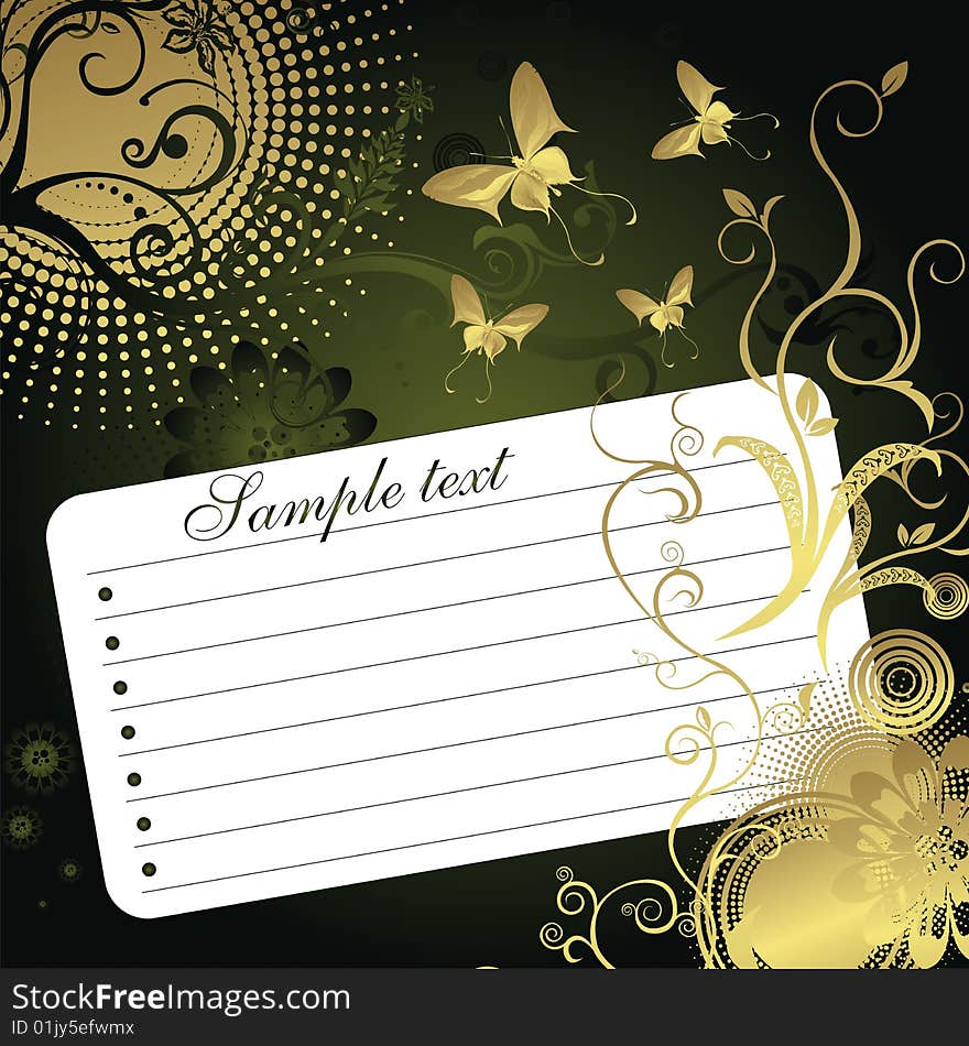 Sheet of paper for records in an environment of a vegetative ornament and butterflies on a green background. Sheet of paper for records in an environment of a vegetative ornament and butterflies on a green background