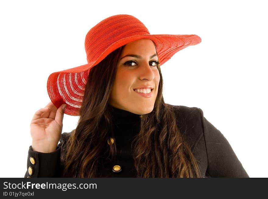 Beautiful model wearing hat against white background