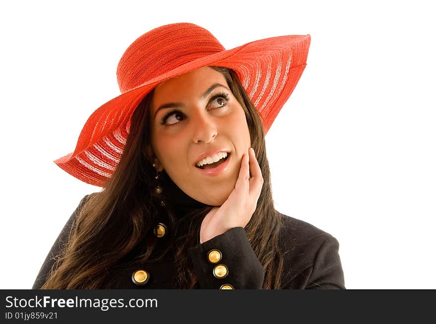 Close up of smiling female wearing hat on an isolated background