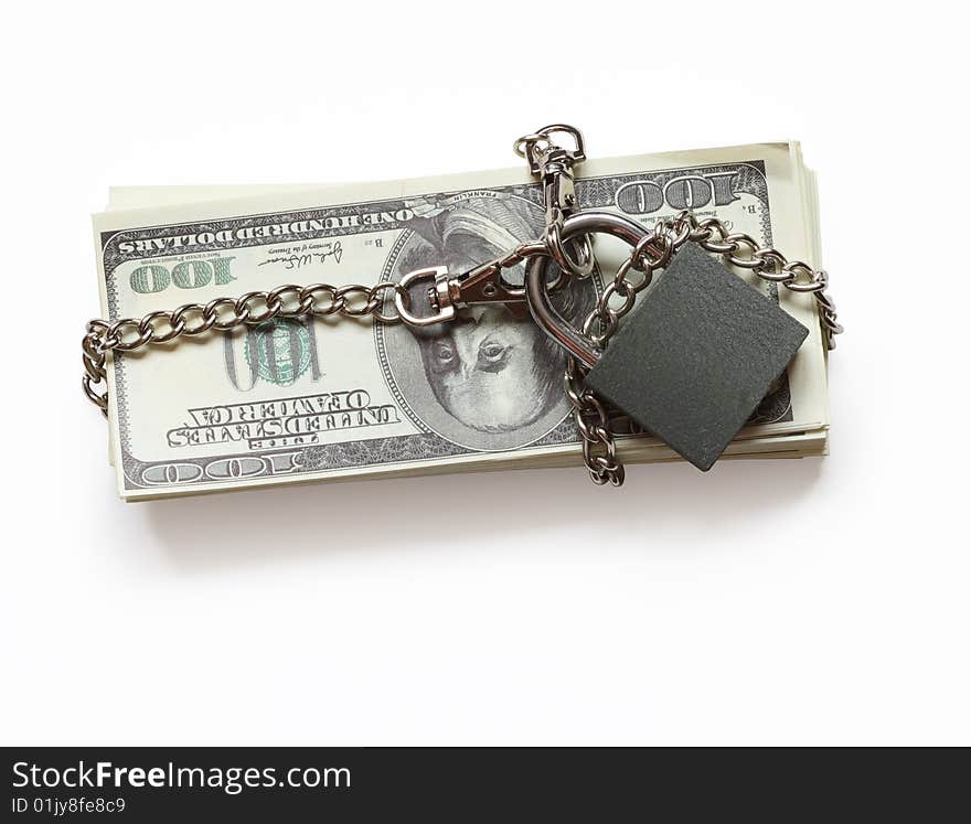 Dollar's bundle constrained with chain and lock. Dollar's bundle constrained with chain and lock